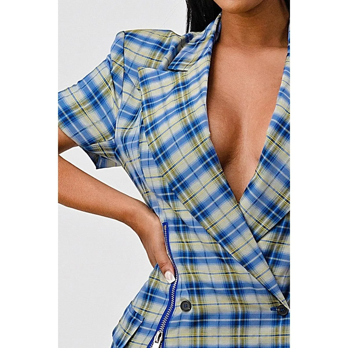 Wide Collared Double Breasted Plaid Blazer Mini Dress