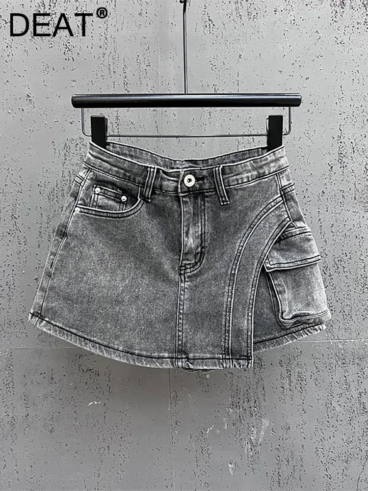 Women Denim Skirt Wash Grey Irregular Big Pockets Cargo High Waist Short A-line Mini Skirt 2023 Autumn New Fashion 29L2652