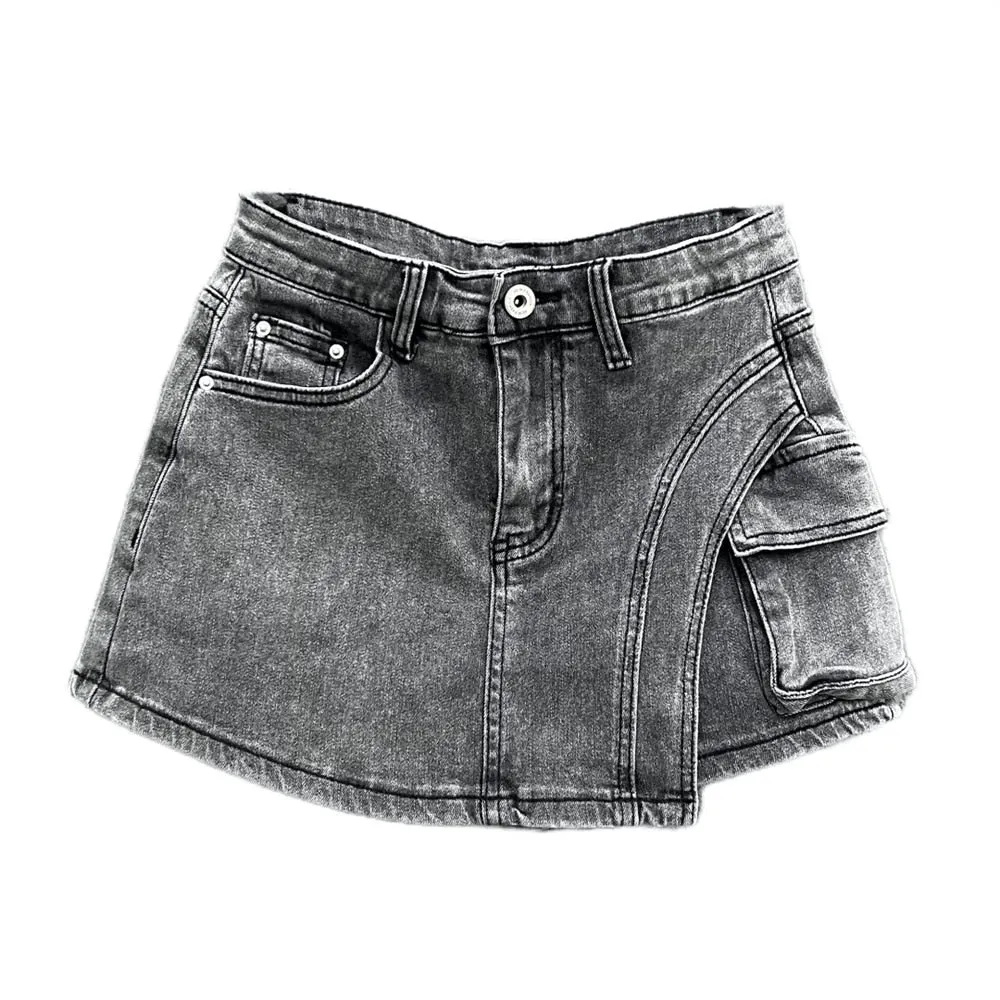 Women Denim Skirt Wash Grey Irregular Big Pockets Cargo High Waist Short A-line Mini Skirt 2023 Autumn New Fashion 29L2652