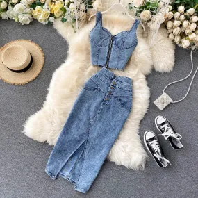 Women Jeans Vest+Skirts Sets Straps Tops Buttons Denim Skirt Suits for Woman