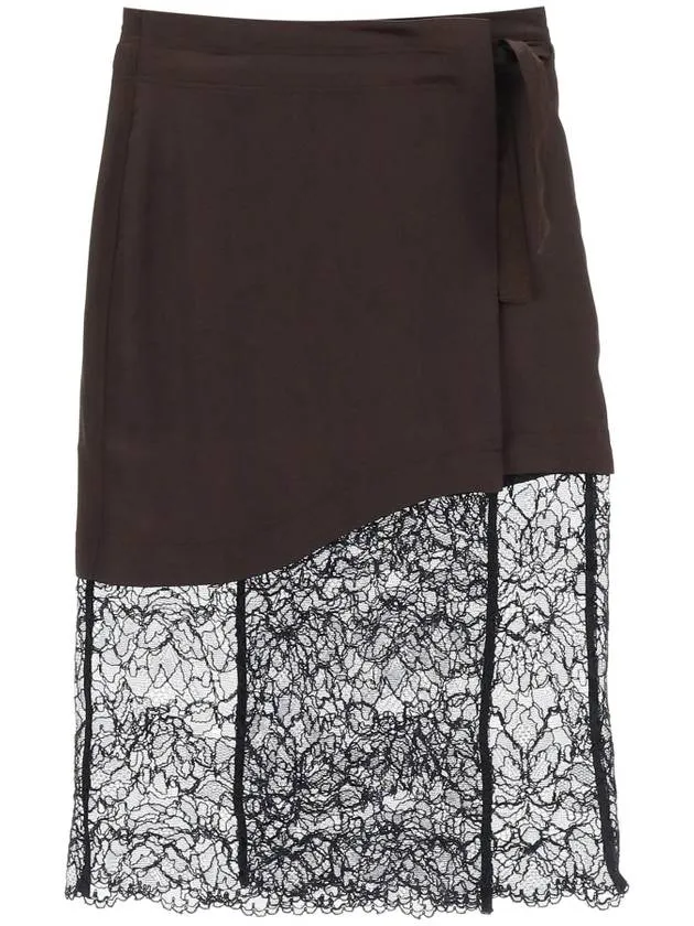 Women s Satin Lace Midi H Line Skirt Black Brown