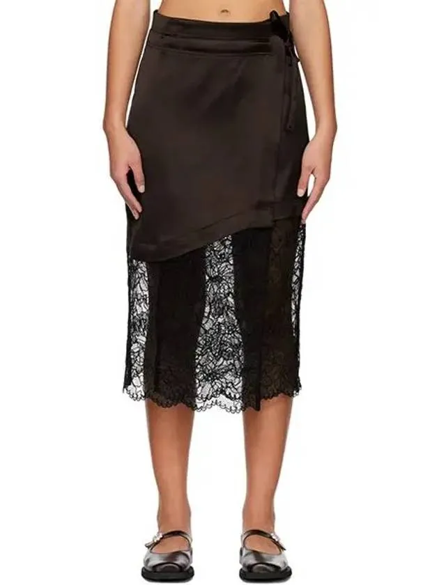 Women s Satin Lace Midi H Line Skirt Black Brown