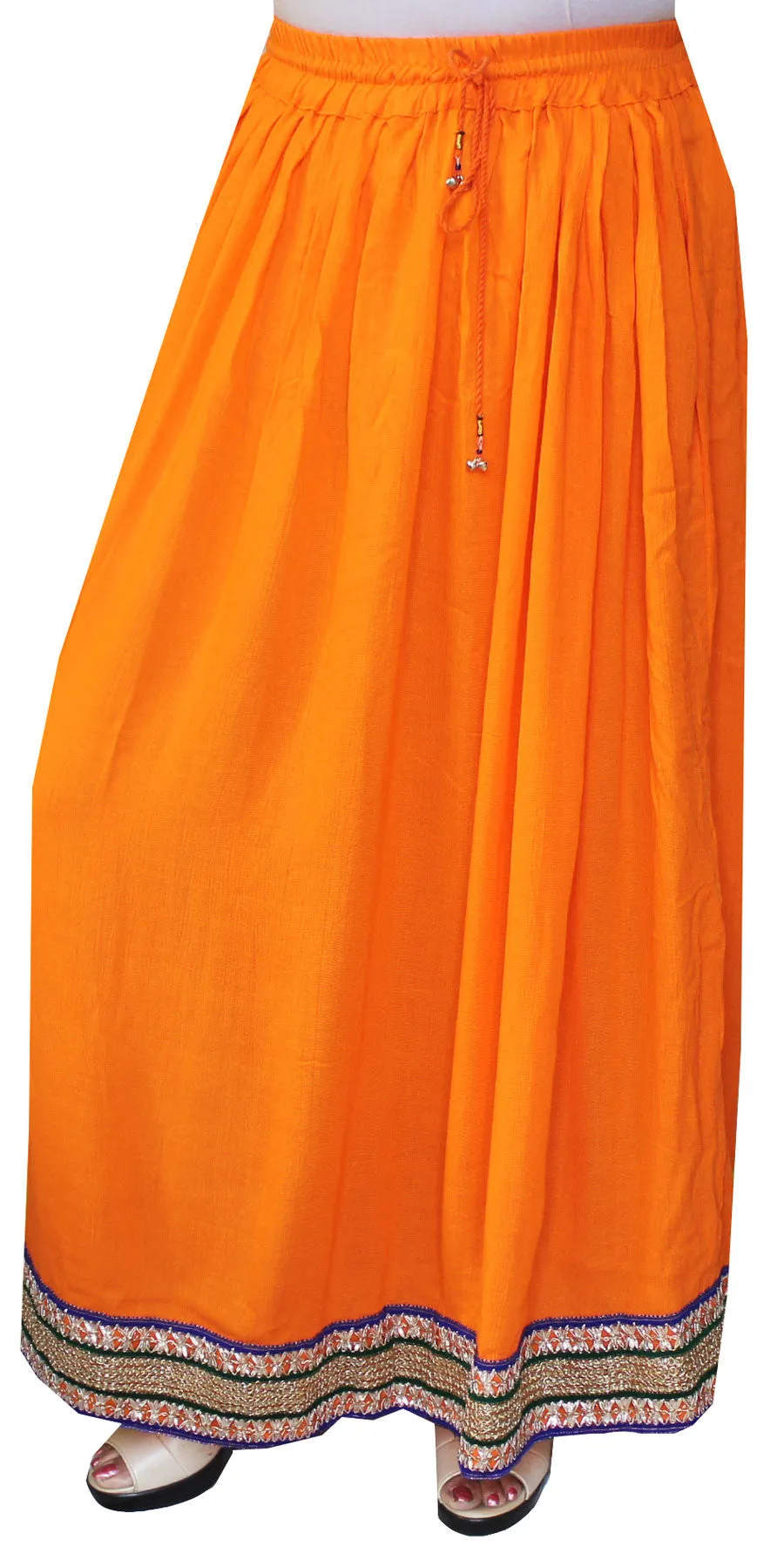 Women Solid Color Rayon Long Skirt India Clothes (Orange)