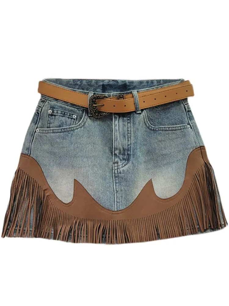 Women's Denim Skirt High Waist Spliced Contrast Color Tassel A-line Mini Skirt 2023