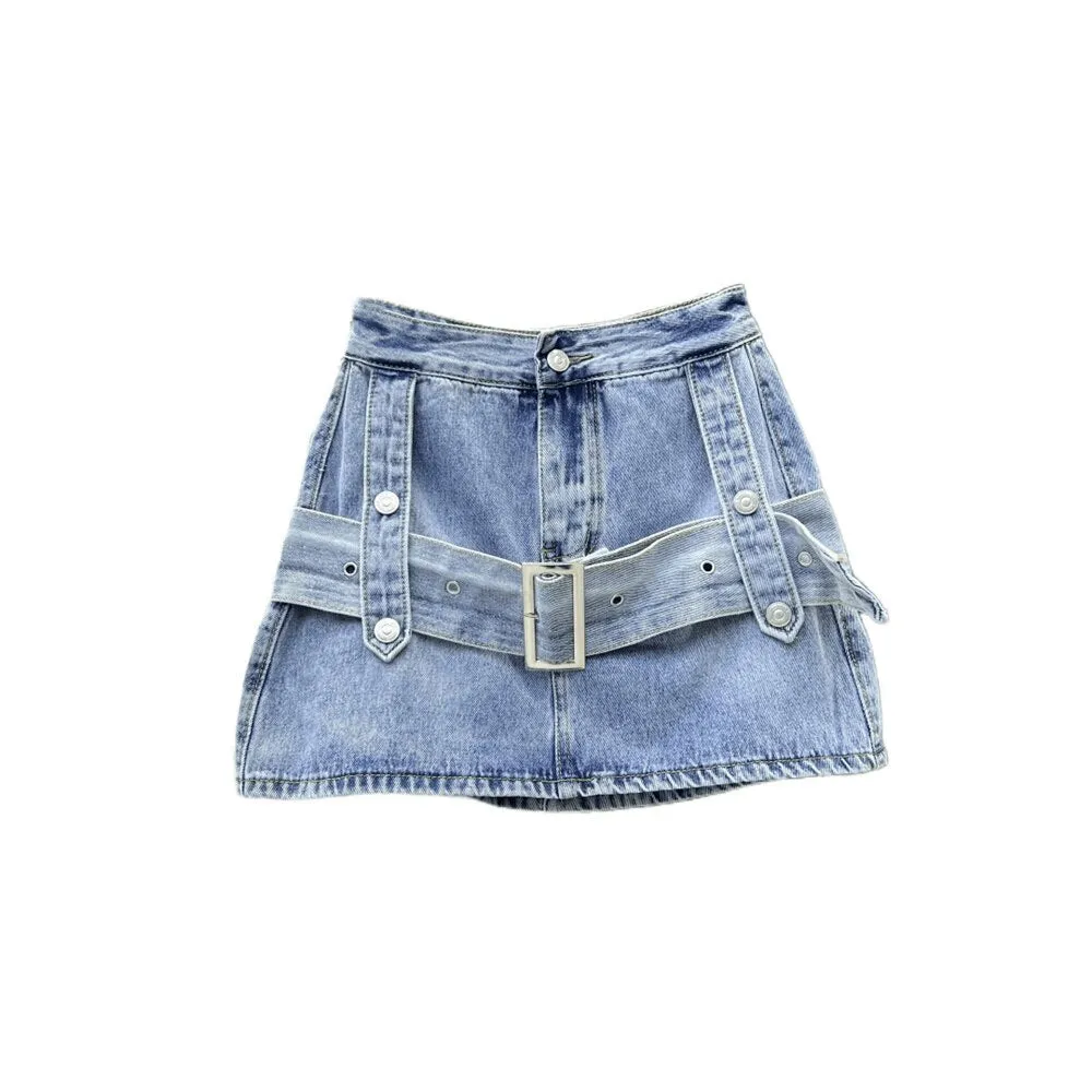 Women's Denim Skirt Spliced Belt High Waist Black A-line Wrap Hip Thin Cargo Mini Skirts 2023 Summer New Fashion 29L960