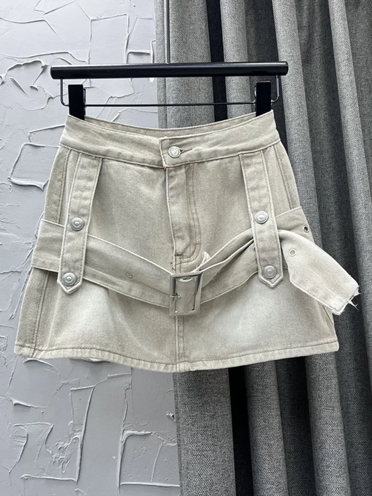 Women's Denim Skirt Spliced Belt High Waist Black A-line Wrap Hip Thin Cargo Mini Skirts 2023 Summer New Fashion 29L960