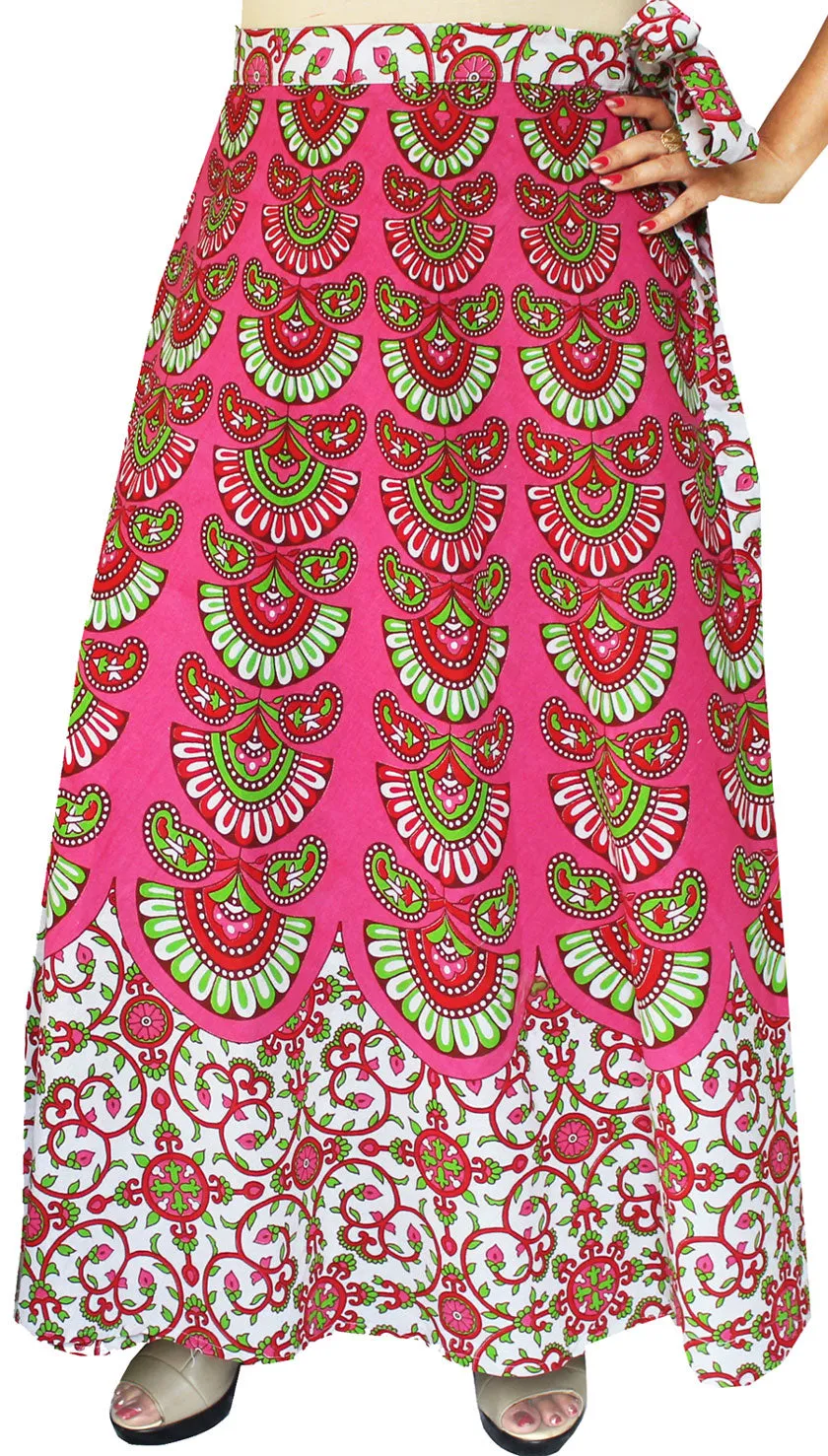 Women's Printed Long Indian Cotton Wrap Skirt (Pink, One Size)