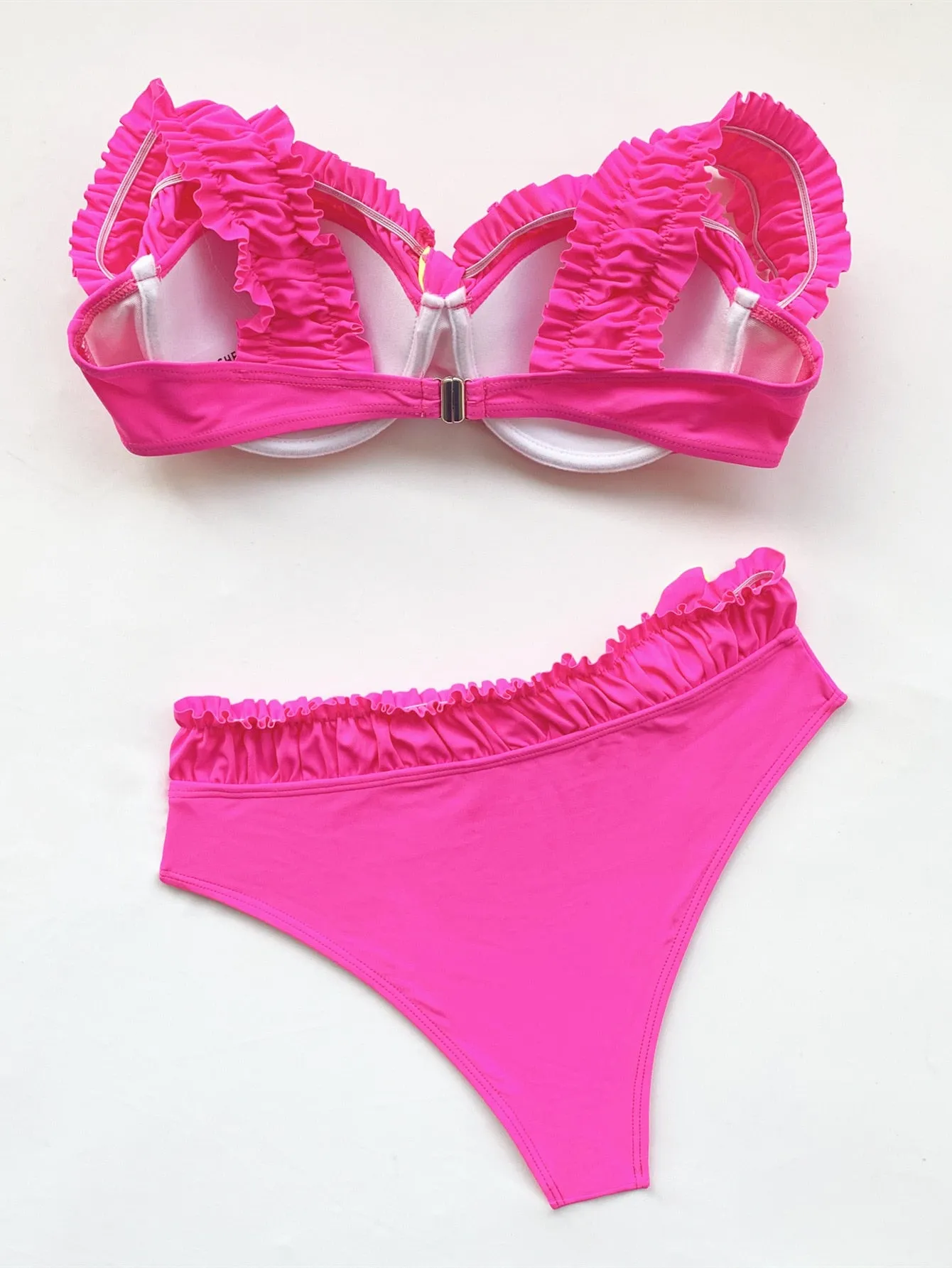 Women's Sexy Solid Color Polyester Ruffled High Waist Swimwear Bikini Set