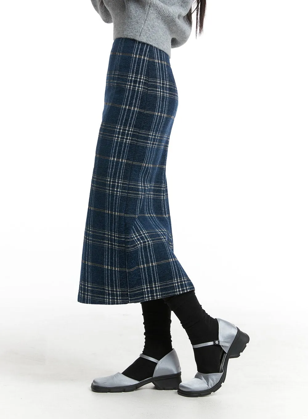 Wool-Like Mid Waist Plaid Maxi Skirt OJ405