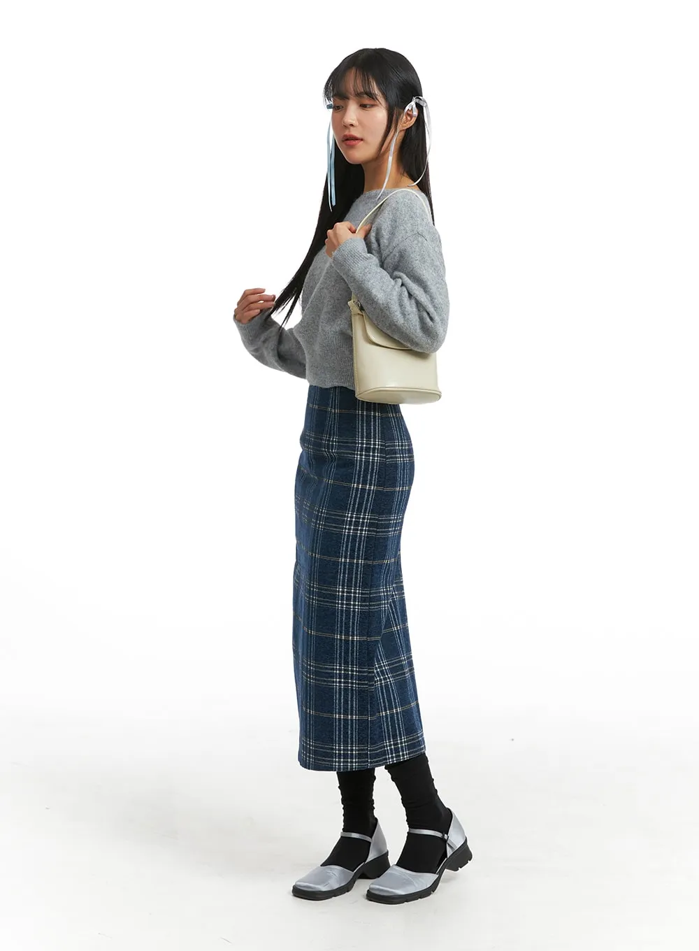 Wool-Like Mid Waist Plaid Maxi Skirt OJ405